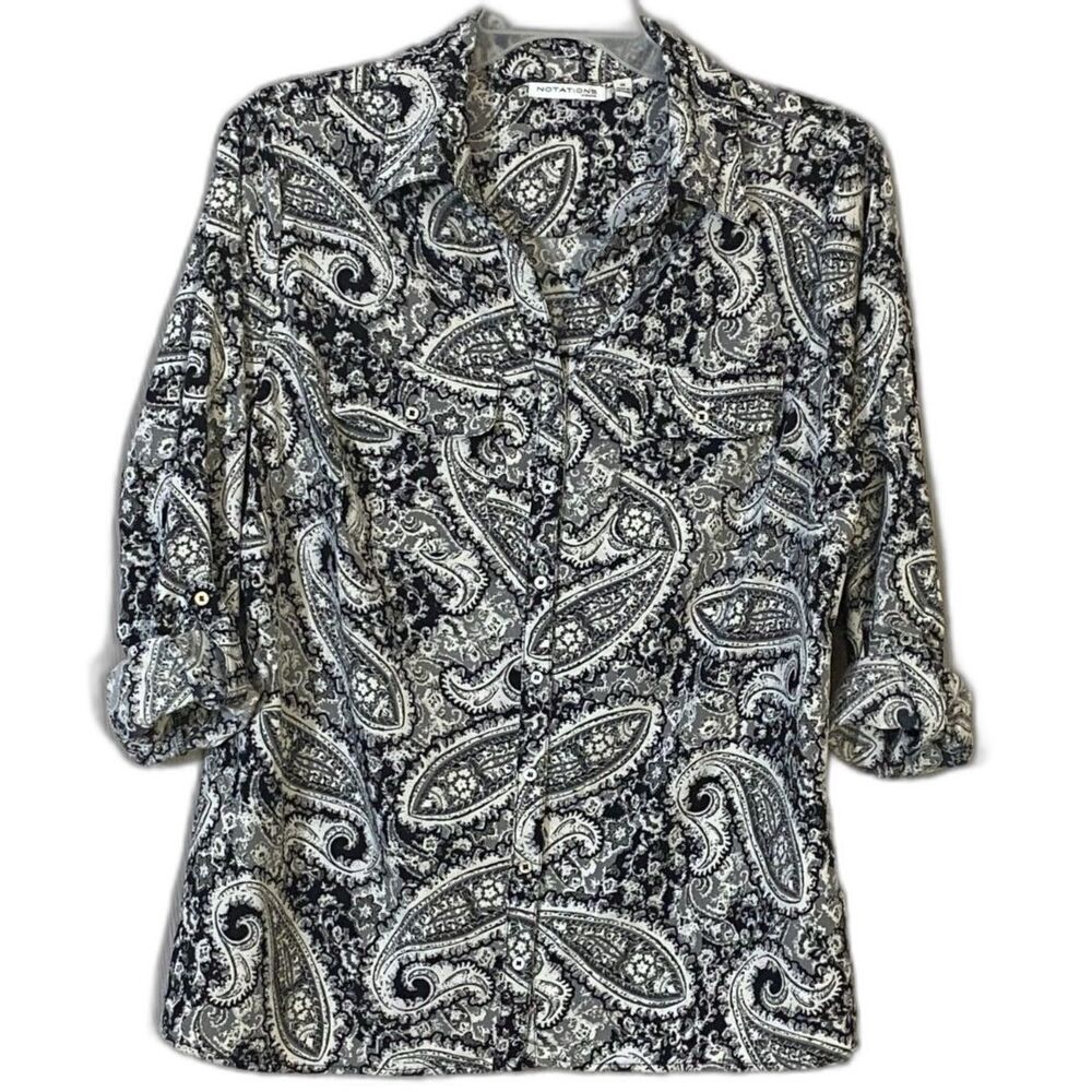Notations Woman 1X Paisley Button Front Blouse Roll Tab Sleeve Black Gray